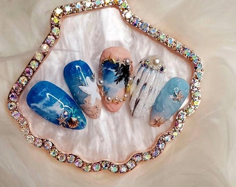 Beach Almond Shape Luxury Press-On Nail Set &quot;Beach Ready&quot;