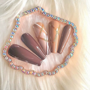 Fall Brown Color Plaid Long Coffin Luxury Press-On Nail Set &quot;Brown Sugar&quot;