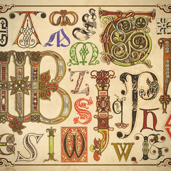 Medieval Initials | Illuminated Manuscript Letters | Decorative Font Typeface | Digital Transparent PNG Pack