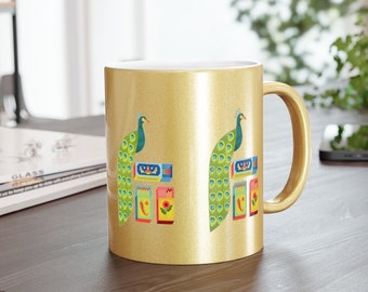 Mug (Gold or Silver) : "Peacock &  Matchsticks" Design