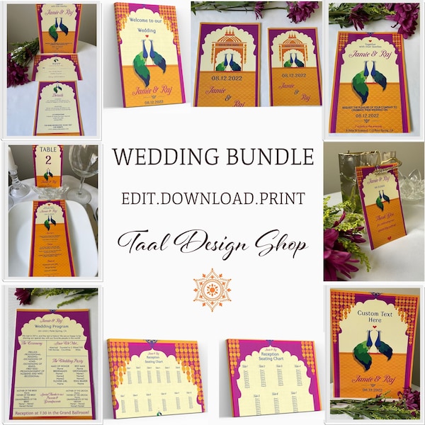 Downloadable Indian-Inspired Wedding Template Bundle: Peacock Design