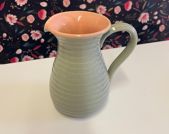 Vintage cottage Lovatts ribbed stoneware jug green with pink interior