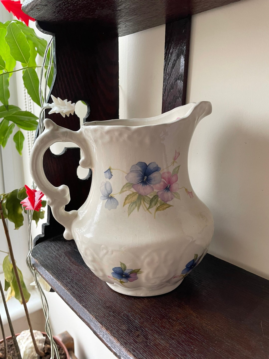 Beautiful Floral Aynsley Style Jug Vase White With Blue and Pink