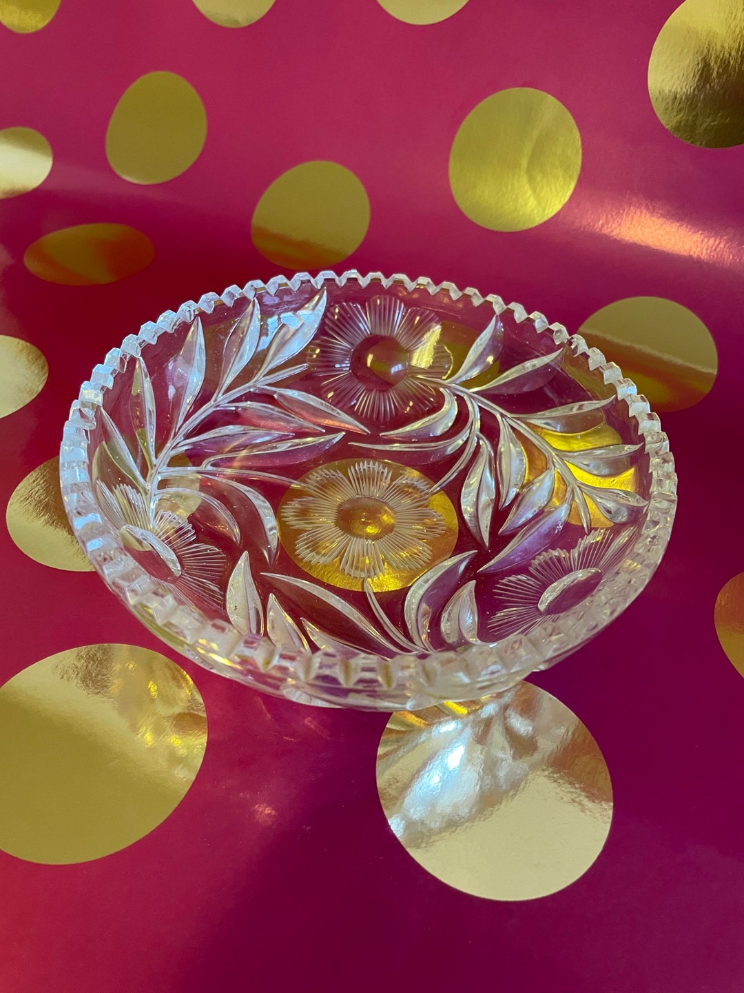 Vintage Cut Glass Bowl With Flowers and Leaves Design 14cm Etsy