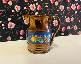 Vintage ceramic copper coloured lusterware jug with painted flowers 2K34