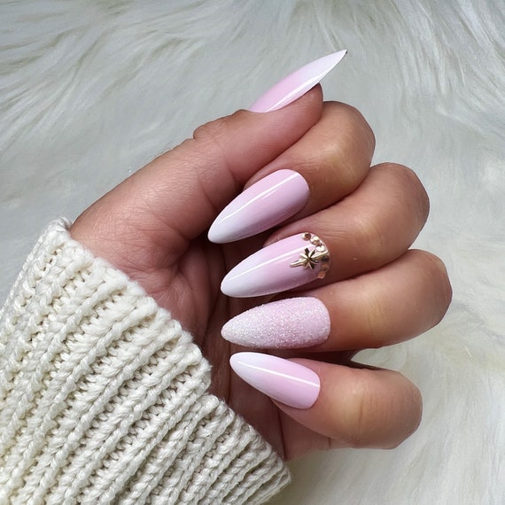 Ombre White Clear French Press On False Nails Almond Oval Stiletto Shimmer  Glitter Fake Nail Full Cover Gel Wear Nep Nagels - False Nails - AliExpress