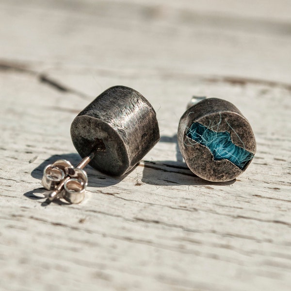 Modern Geometric Tube Earrings, Sterling Silver Cylinder Stud Earrings, Geometric Color Changing Piston Earrings, Patina Oxidized Jewelry