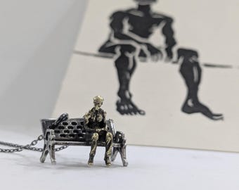 Handmade Silver Bench Sculpture Necklace – Bronze Man Art Pendant