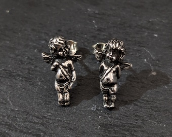 Sterling Silver Cherub Stud Earrings: Baroque Cupid Angel Jewelry