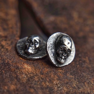 Silver Skull Stud Earrings, Oxidized Patina Finished Gothic Jewelry, Small Lightweight Sterling Silver Hand Hammered Studs for Men
