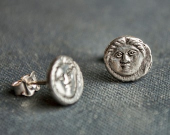 Ancient Coin Stud Earrings, Antique Greek Coin Inspired Hand Hammered Sterling Silver Studs, Primitive Roman Coin Jewelry, Men's coin Studs