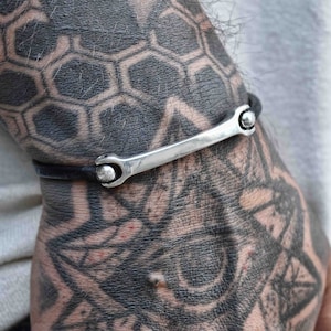 Men&#39;s Sterling Silver and leather Bracelet, Minimalist Men&#39;s Black Leather Bangle, One of a Kind Engravable ID Bracelet for Men