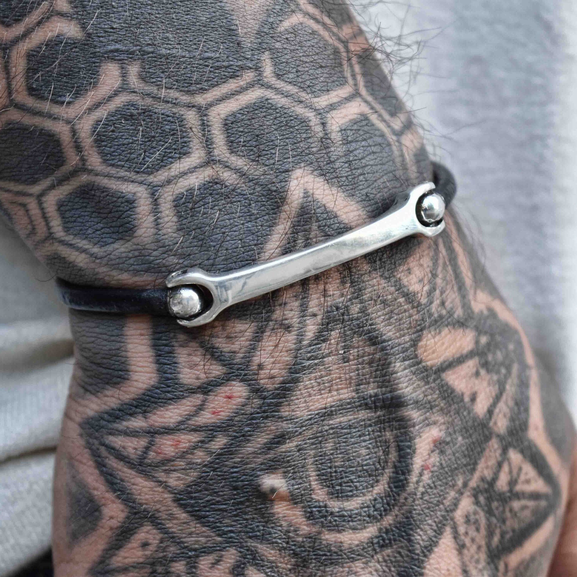 Men's Sterling Silver Leather Bracelet: Engravable ID Bangle - Etsy, image size:2002x2002