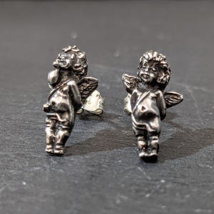 Sterling Silver Cherub Angel Stud Earrings | Vintage-Inspired Putti Cupid Earrings | Gothic Baroque Winged Baby Angel Jewelry