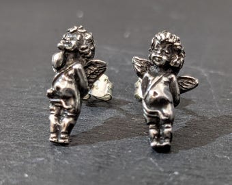Sterling Silver Cherub Stud Earrings: Vintage Gothic Angel Jewelry