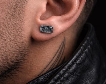 Men's 10x5mm Hammered Silver Studs - Minimal Geometric Earrings in Sterling Silver