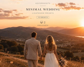 May include: A digital product listing for KEVSPRESETS MINIMAL WEDDING LIGHTROOM PRESETS, featuring 15 presets for mobile and desktop. The graphic displays a couple walking through a grassy field at sunset with mountains and a lake in the background.