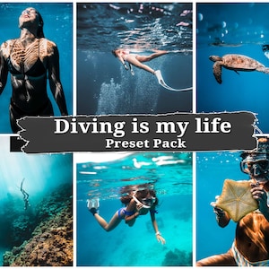 Puede incluir: Un collage de fotos submarinas con buceadores, una tortuga marina y una estrella de mar. El texto "Diving is my life Preset Pack" se muestra en el centro de la imagen.