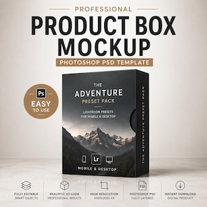Könnte beinhalten: Eine schwarze, rechteckige Produktbox-Attrappe mit einer Berglandschaftsgrafik und dem Text THE ADVENTURE PRESET PACK LIGHTROOM PRESETS FOR MOBILE & DESKTOP. Das Design enthält ein kreisförmiges Abzeichen mit dem Text PS EASY TO USE.