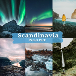 Puede incluir: Un collage de seis imágenes que muestran la belleza de Escandinavia. Las imágenes presentan una cordillera con auroras boreales, una playa con auroras boreales, una persona caminando por una playa de arena negra, un río que fluye a través de un paisaje rocoso, una cordillera con un fiordo y una cascada que cae por un acantilado rocoso.