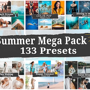 Könnte beinhalten: Eine Collage von Bildern, die 133 Presets für die Fotobearbeitung zeigen. Die Presets sind in verschiedene Kategorien unterteilt, darunter Beach Dream, Color Pop, Diving is my life, Pure Wedding, Happy Summer und Forest Dream. Die Collage enthält auch einen Titel, der "Summer Mega Pack 133 Presets" lautet.
