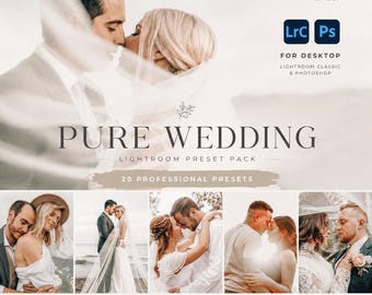May include: A digital product listing for Pure Wedding Lightroom Preset Pack by KevsPresets. The image features a collage of wedding photographs, icons for Lightroom and Photoshop, and text indicating 20 professional presets for desktop.