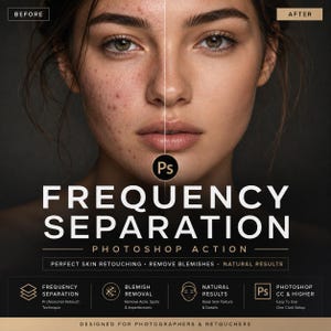 Op de afbeelding: Een Photoshop-actie voor frequentiescheiding met een gesplitst beeld van een gezicht voor en na huidretouchering. De tekst bevat "FREQUENCY SEPARATION", "PHOTOSHOP ACTION", "PERFECT SKIN RETOUCHING" en "REMOVE BLEMISHES".
