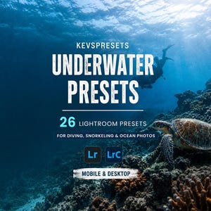 May include: A digital product advertisement featuring a sea turtle swimming near a coral reef with a diver in the background. The text reads KEVSPRESETS UNDERWATER PRESETS, 26 LIGHTROOM PRESETS, FOR DIVING, SNORKELING & OCEAN PHOTOS, Lr, LrC, MOBILE & DESKTOP.