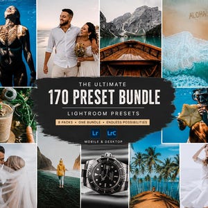 Könnte beinhalten: Eine digitale Produktwerbung mit dem Titel THE ULTIMATE 170 PRESET BUNDLE LIGHTROOM PRESETS. Die Grafik zeigt eine Collage aus verschiedenen Fotostilen, darunter Unterwasserszenen, Hochzeitsporträts, Landschaften, eine Armbanduhr und Strandaufnahmen mit dem Text ALOHA.