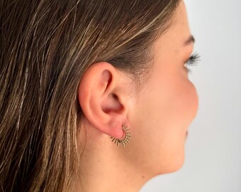 14K Solid Gold Boho Hoop Drop Earrings, Everyday Statement Jewelry, Bohemian Style, Minimalist Huggie Earrings, Gift for Women, Mother's Day