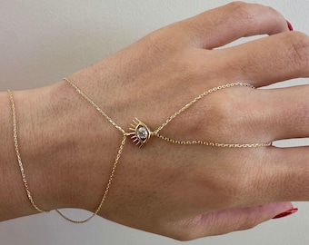 14 K Solid Gold Eye Hand Chain Bracelet – Minimalist Palm Jewelry, Dainty Evil Eye Hand Harness, Gift for Her, Christmas Gift