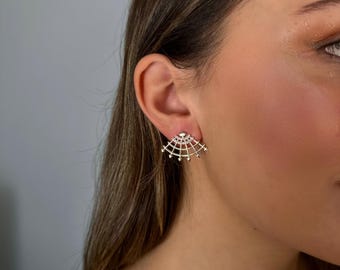 14 K Gold Cobweb Earrings, Design Earrings, Sparkle Stone, Spiderman, Gift For Her