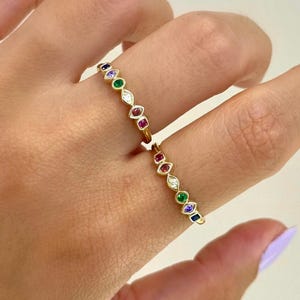 14K Solid Gold Rainbow Ring, Dainty Multicolor Gemstone Stacking Ring, Birthstone Ring, Crystal Gemstone Jewelry, Anniversary Gift, Summer