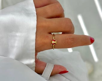 14K Gold Ladybug Ring, Ladybird Good Luck Red Enamel Ring, Gold Dainty Stacking Ring, Cute Animal Jewelry, Gift For Her, Summer Day Jewelry