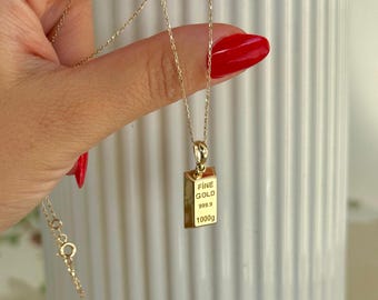 14K Solid Gold Bar Pendant Necklace, Fine Gold Ingot Charm, Minimalist Luxury Jewelry, Unique Solid Gold Chain Gift for Her, Fine Jewelry