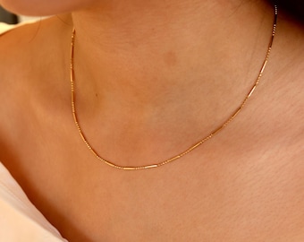 14K Solid Gold Beaded Tube Chain Necklace, Dainty Minimalist Gold Choker, Design Necklace, Elegant Thin Everyday Necklace, Christmas Gift