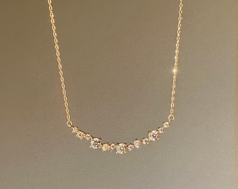 Collar de barra de diamantes de oro macizo de 14 quilates, forma redonda, minimalista y delicado, joyería nupcial de oro auténtico, un elegante y brillante regalo para ella.