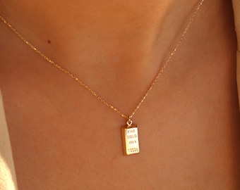 14K Solid Gold Bar Pendant Necklace, Fine Gold Ingot Charm, Minimalist Everyday Jewelry ,Cable Chain, Gift For Her, Christmas Gift