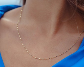 14K Solid Gold Necklace – Real Gold Dainty Chain, Mirror Chain, Minimalist Layered Necklace, Dainty Sleek Necklace for Women, Gift For Her
