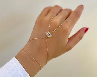14K Solid Gold Evil Eye Hand Chain Bracelet, Dainty Diamond Eye Bracelet, Minimalist Hamsa Shahmaran Bracelet, Real Gold Bridal Jewelry Gift
