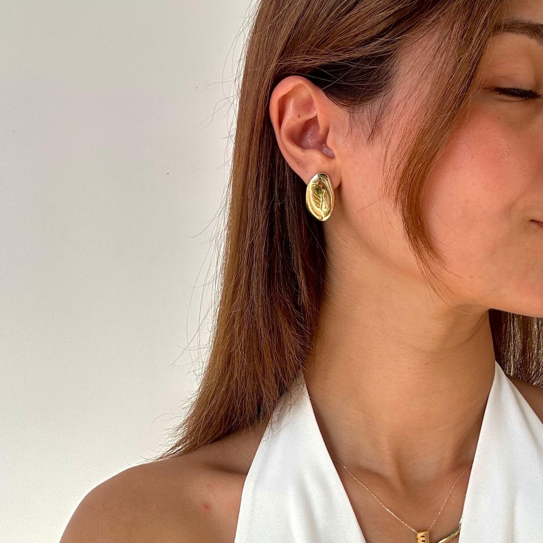 14K Solid Gold Sculptural Oval Earrings, Bold Statement Earrings