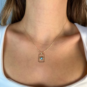 14K Gold Evil Eye Necklace – Blue Hamsa Pendant, Lucky Charm Jewelry, Dainty Chain Necklace, Birthday or Mother’s Day Gift for Women&quot;