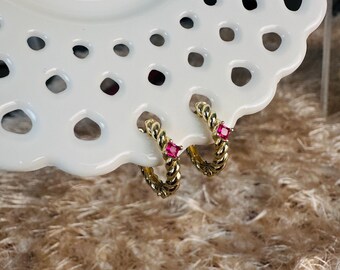 14 K Solid Gold Twisted Spiral Hoops, Huggie Earrings, Dark Pink Stone, Gift For Her, Valentine's Day Gift