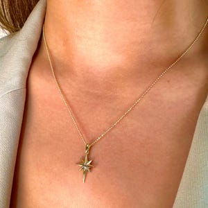 14K Gold North Star Necklace, Minimalist Necklace, Real Gold Starburst, Dainty Beaded Chain, Pole Star Pendant, Gift For Her
