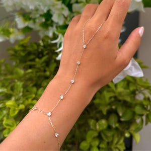 14K Solid Gold Diamond Hand Chain Bracelet, Dainty Ring Slave Bracelet, Gemstone Gold Handlet, Minimalist Statement Jewelry, Summer Jewelry