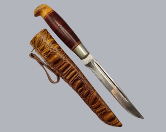 TUOHIKAHVA PUUKKO KNIFE Finnish Vintage from 1970s by Unknown Master Finland with Birchbark Handle and Leather Sheath