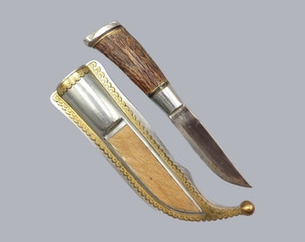 VINTAGE PUUKKO KNIFE Finnish made by Unknown Master 1990s Finland with Staghorn Handle and Leather Metal Sheath