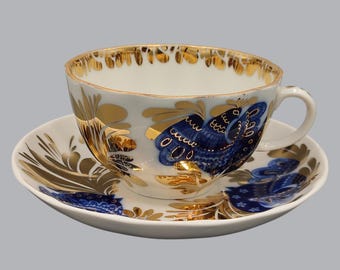 Rysk Lomonosov LFZ Golden Garden tekopp och fat från 1970-talet #9076