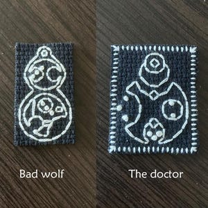 Gallifreyan iron-on patches: TARDIS, bad wolf, & the doctor