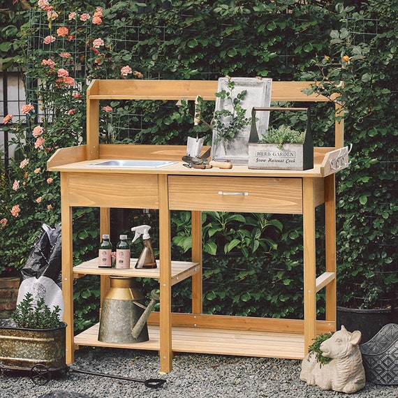 Potting Bench Garden Table For Outdoors With Removable Potting Bench Garden Table For Outdoors, Outdoor Work Table With Storage